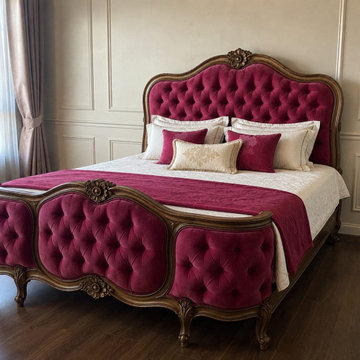 Handcrafted Solid Teak Wood Upholstered Bed | French Provincial Luxury | Classic