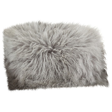 Mongolian Lamb Fur Poly Filled Throw Pillow, Fog, 12"x20"