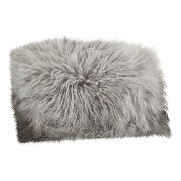 Mongolian Lamb Fur Poly Filled Throw Pillow, Fog, 12"x20"