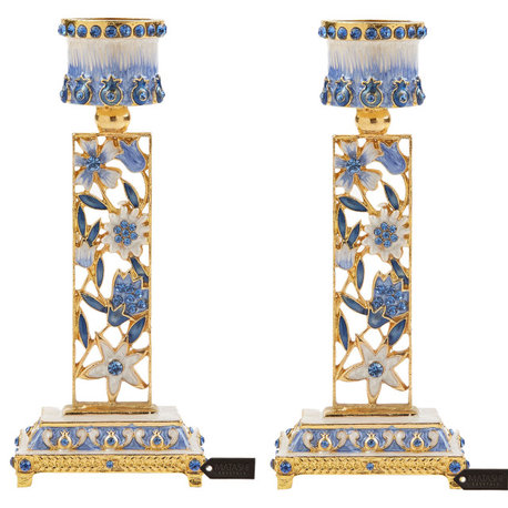 Matashi Shabbat Candlestick Holder (2-Piece Set) Hand-Painted,  Pewter(Blue)