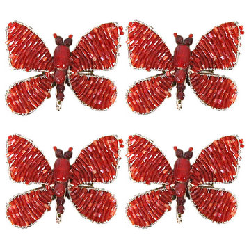 Hand Beaded Butterfly Napkin Rings, Red and Orange, Set of 4