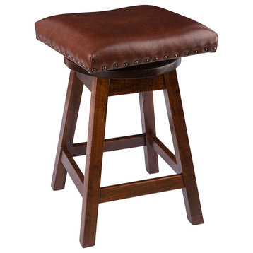 Swivel Bar Stool, Maple Wood With Leather Seat, Rich Tobacco, Counter Height