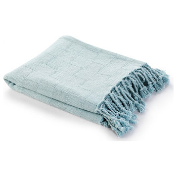 Checkered Weave Throw Blanket with Fringe, Light Blue