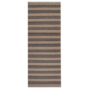Hand Woven Flat Weave Kilim Wool Area Rug Contemporary Cream Charcoal, [Runner] 2'6''x12'
