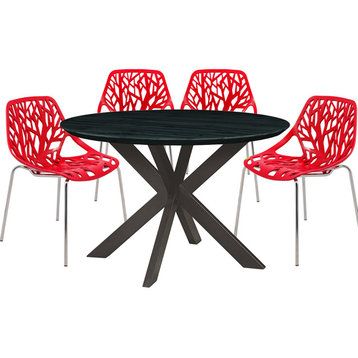 Leisuremod Ravenna 5-Piece Dining Set, 4 Chairs & Table With Geometric Base, Red