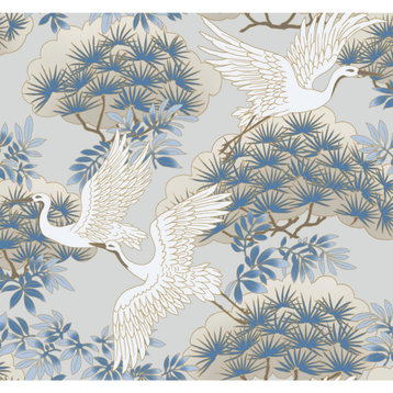 Sprig and Heron Wallpaper, Light Blue