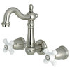 Traditional Wall Mounted Bathroom Faucet, Cross White Handles, Brushed Nickel