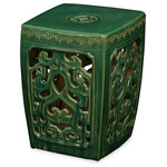 China Furniture and Arts - Green Porcelain Cloud Motif Asian Garden Stool - With an antique drip-mottled glaze finish, our handcrafted earthenware stool was adopted from those originally used in the temple garden in the Far East. The hand-applied finish creates variations in its color making each seat distinct with individual signature. Can be used indoors and outdoors as a small end table or as seating. Imported. Top seat dimension is 13"W x 13.25"D