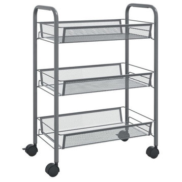 vidaXL 3-Tier Kitchen Trolley Storage Utility Cart with Mesh Baskets Gray Iron