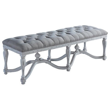 Bed Bench King Henry White Ornate Wood Stretcher Finials Tufted Gray