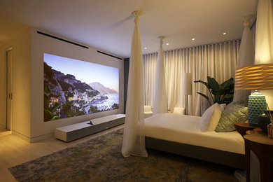 Ejemplo de cine en casa cerrado actual de tamaño medio con paredes blancas, suelo de madera clara y pantalla de proyección