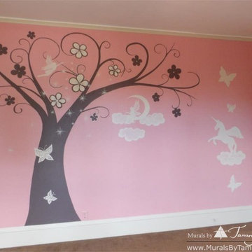 Pink girl's princess room with fairies, unicorns and butterflies