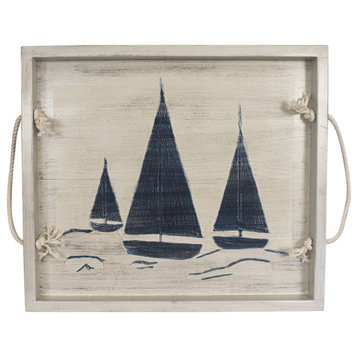 20" Cottage and Navy Tray With Sailboat Accents and White Rope Handles