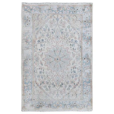 Ivory Handknotted Old Persian Kerman Distressed Look Worn Wool Mat Rug, 2'x2'10"