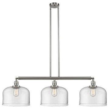 X-Large Bell 3-Light Island-Light, Brushed Satin Nickel, Clear