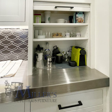 White Transitional Kitchen with Black Backsplash