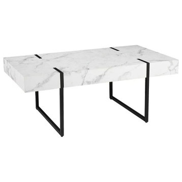 Modern Coffee Table, Black Metal Legs With Thick Rectangular Faux Marble Top