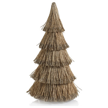All Natural Abaca Rope Decorative Tree With Champagne Glitter Trim, 15"