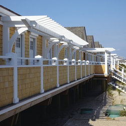 Beach Club in Watch Hill, RI Proportionate attached trellis and pergolas over st - Pergolas