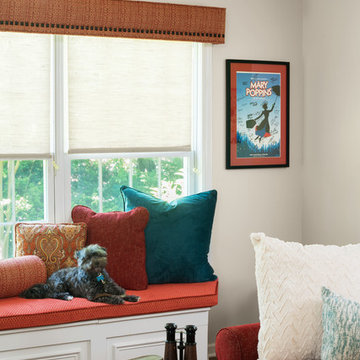 Casual Great Room Family Space with Dining Alcove in Red and Teal
