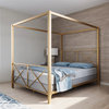 Contemporary Canopy Bed, Golden Metal Frame With Criss Cross Headboard, Full