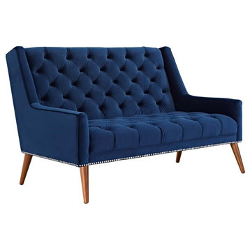 Modern Contemporary Urban Design Living Loveseat Sofa, Navy Blue, Fabric Velvet