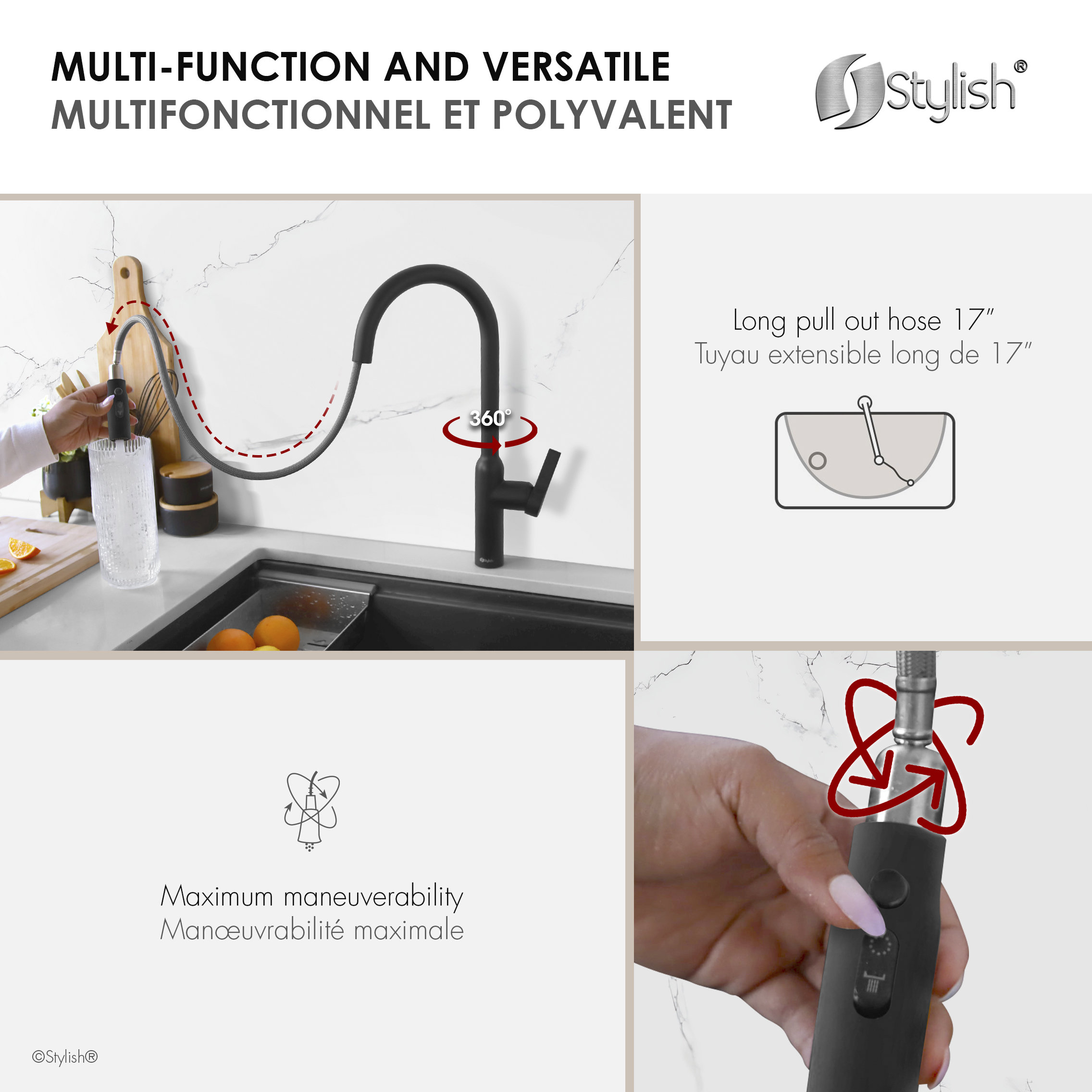 STYLISH Napoli Single Handle Matte Black Pull Down Kitchen Faucet