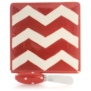 Tabletop SIMPLY CHEVRON CHEESE PLATE Ceramic Dish With Spreader