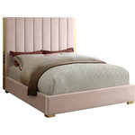 Meridian Furniture - Becca Velvet Upholstered Bed, Pink, King - Transform your bedroom into a luxurious place to retired in the evenings with this elegant Becca pink velvet king bed. Featuring a pink velvet base with channel tufting atop a polished gold metal frame, this king-size bed makes a bold statement even when incorporated with existing contemporary bedroom decor. With a width of 85 inches, depth of 86 inches, height of 61.5 inches, and footboard height of 13.5 inches, this chic bed offers ample space for you to get a good night's