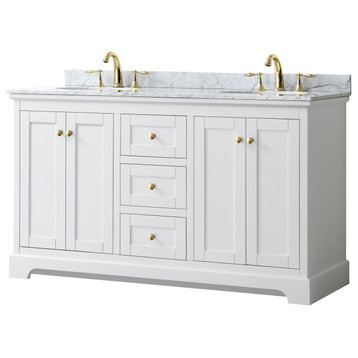 Avery 60" Double Vanity, White, Top, Oval Sinks, Brushed Gold Trim