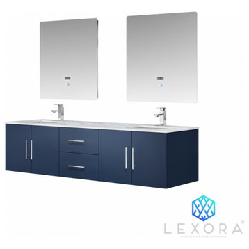 72" Double Bath Vanity With Sink, Navy Blue, White Marble, Wall Hung