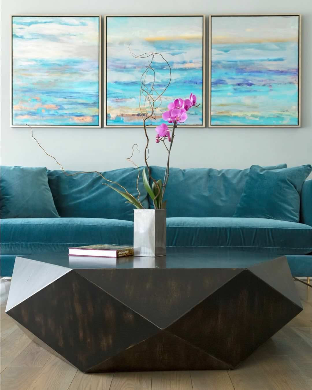 Faceted Large Round Wood Coffee Table, Modern Geometric Block Solid
