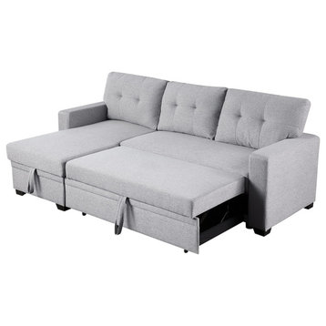 Modern L-Shape Sleeper Sofa, Reversible Design With Linen Upholstery, Light Gray