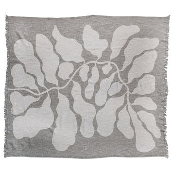 Cotton Slub Throw Blanket with Botanical Print and Fringe, Tan