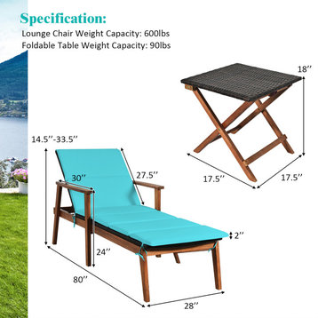 Costway 3PCS Patio Rattan Lounge Chair Folding Table Set Cushioned Turquoise