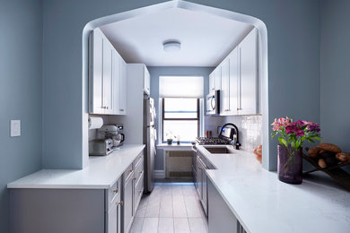 Transitional galley kitchen photo in New York with shaker cabinets