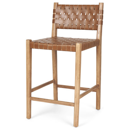 Shane Brown Wood With Woven Brown Leather Counter Stool