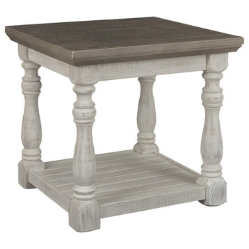 Benzara BM213361 Plank Style End Table with Turned Legs & Open Shelf, White/Gray