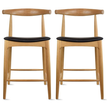 Set of 2 Solid Wood Farmhouse 25" Counter Stool with Faux Leather Cushion, Natural