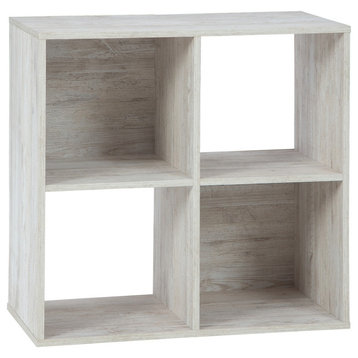4 Cube Wooden Organizer With Grain Details, Washed White