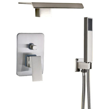 Brushed Nickel Waterfall Shower Faucet Wall Mounted Mixer Tap with Handshower