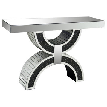 Elegant Mirrored Console Table, Geometric Base With Black Faux Crystal Accents