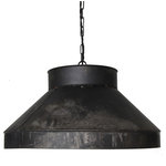 City of Lights - Large Black Steel Duct Work Style Pendant - The striking feature of this oversized pendant is the hand applied black steel patina.  Natural variations in the patina provide a beautiful contrast between the darker black and raw steel.  This pendant  measures 22" at bottom an 10" at top 12" tall with 3' of black chain and a matching black steel canopy.  The pendant is best paired with a LED Par 30 reflector bulb to supply ample down light for overall ambient light or task lighting.  Fixture can accommodate up to 75W bulb (holds one bulb (not included).  Socket and components are UL listed. Includes a  hardware for hardwired install.