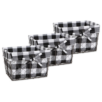 DII Small Vintage Gray Chicken Wire Black White Check Liner Basket, Set of 3