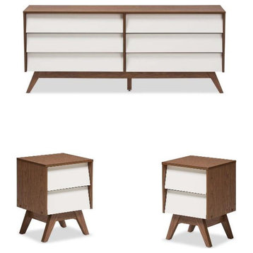 Home Square 3 Piece Set - 6 Drawer Chest with 2 Nightstands in White and Walnut