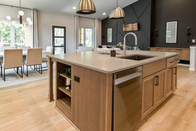 Trendy vinyl floor, brown floor and vaulted ceiling open concept kitchen photo in Other with recessed-panel cabinets, an island and an undermount sink