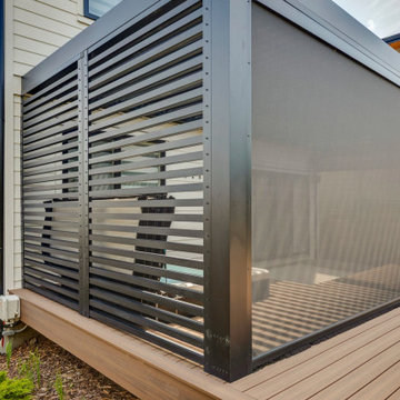 StruXure Pergola Over Hot Tub Area with Screens & Privacy Wall, Feat. Lights & H