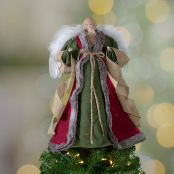 18" Green and Brown Angel in a Dress Christmas Tree Topper, Unlit