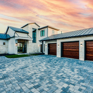 Casual Modern Entry and 3 Car Garage Doors