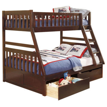Lexicon Rowe Wood Twin over Full Bunk Bed with Storage Boxes in Dark Cherry